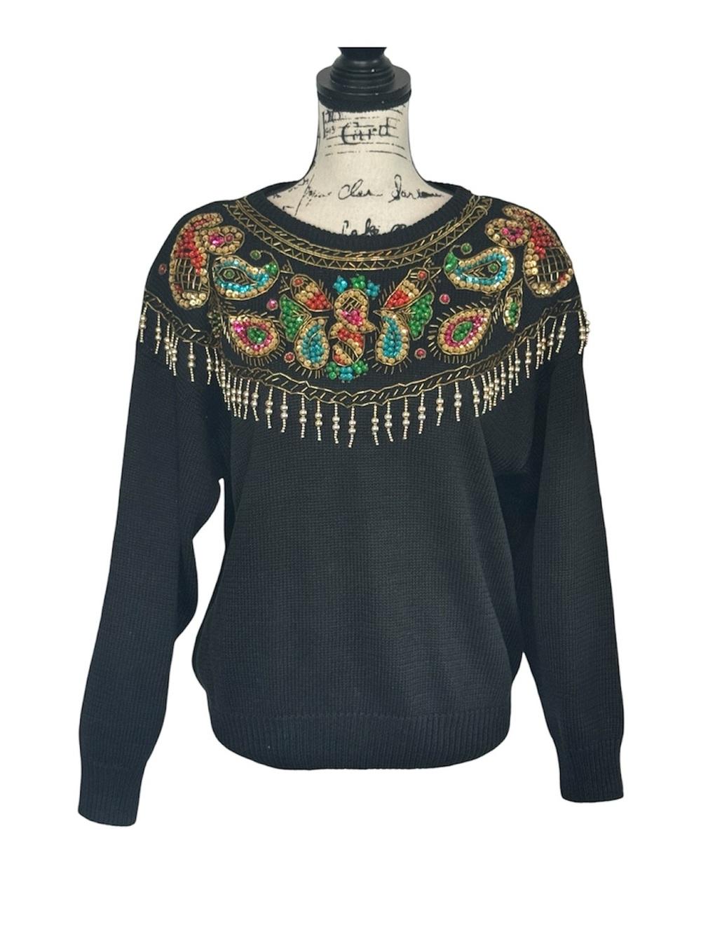Trimmings Vintage Beaded Sequin Sweater Black Multi Womens M Ramie Cotton
